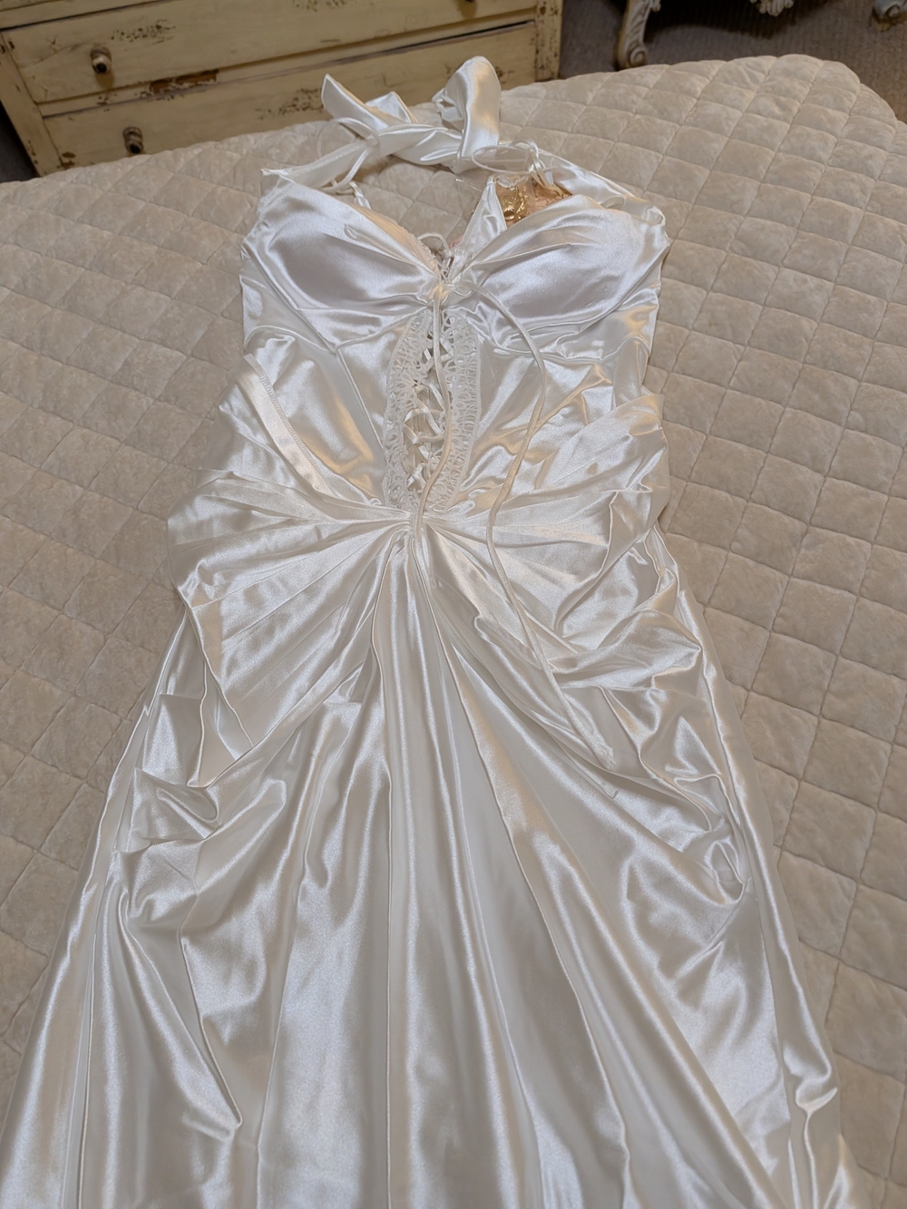 Source Unknown White Satin Lace-Up Halter Midi Dress
